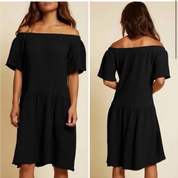 Nation LTD Mariel Off the Shoulder Gauze Cotton Midi Dress in Black - Picture 1 of 10
